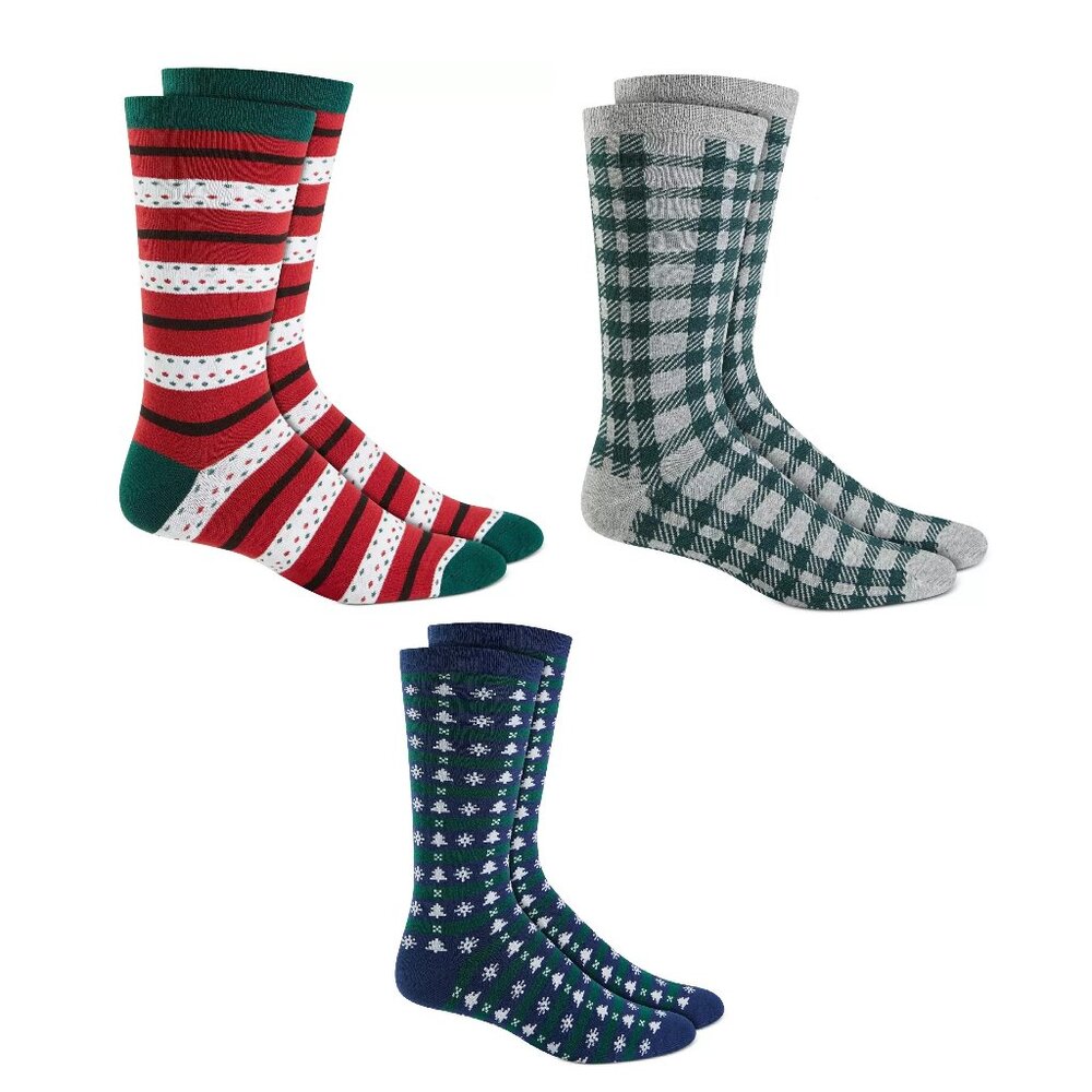 Club Room Men's 3-Pair Crew Socks, Multi Variety Holiday, OS - Shoe Size 7-12